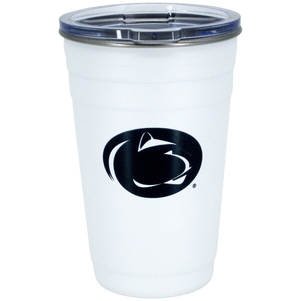 white stainless steel cup with Penn State Athletic Logo